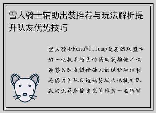 雪人骑士辅助出装推荐与玩法解析提升队友优势技巧
