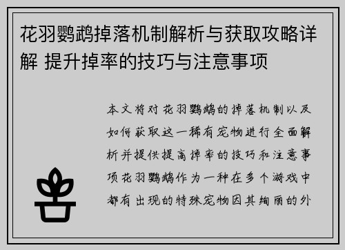 花羽鹦鹉掉落机制解析与获取攻略详解 提升掉率的技巧与注意事项