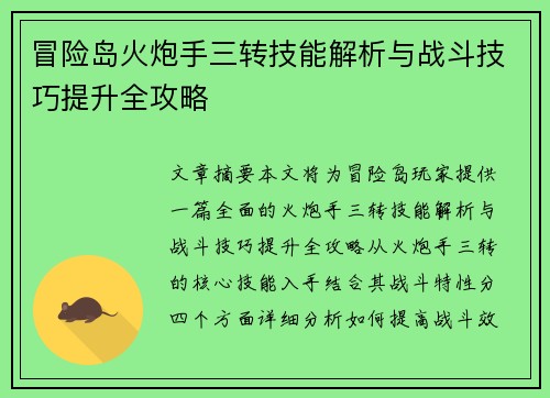 冒险岛火炮手三转技能解析与战斗技巧提升全攻略