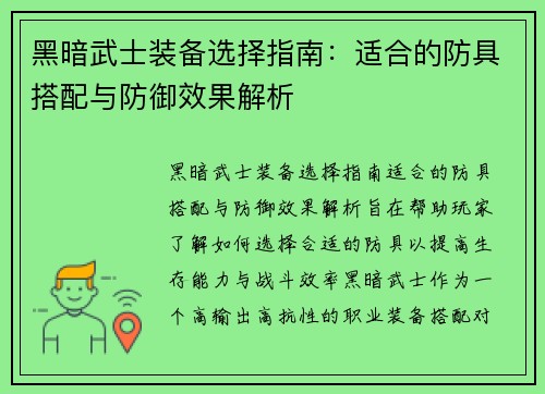 黑暗武士装备选择指南:适合的防具搭配与防御效果解析 黑暗武士装备选择指南:适合的防具搭配与防御效果解析